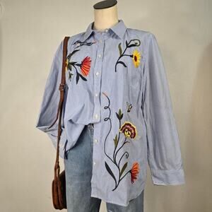 Talbots Embroidered Button Front Blouse Pinstripe Bird Cottagecore SZ XL Cotton